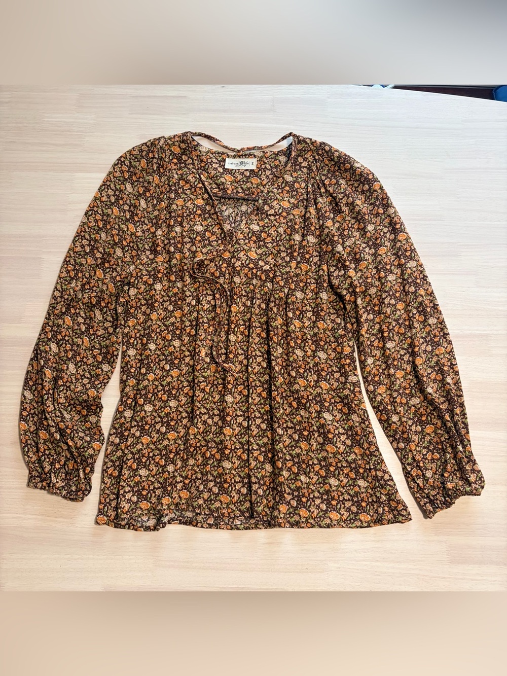 NWOT Natural Life 🌻 Floral Peasant Blouse - Brown Orange Sz Small Boho Worn Once